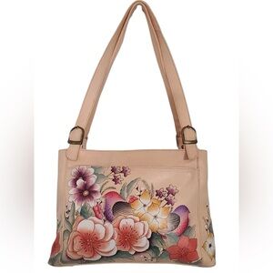 Anuschka Floral Painted Shoulder Bag - Pink and Beige